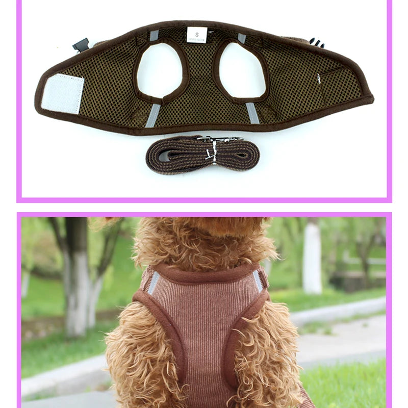 Ensemble gilet et laisse réfléchissants pour chien, coupe-vent, en velours côtelé, sangle de poitrine réglable, harnais en maille respirante pour chiens