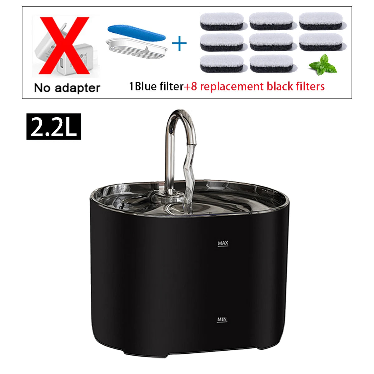Fontaine à eau pour chat, fontaine à eau pour animaux de compagnie pour chats à l'intérieur, 1 filtre, pompe ultra-silencieuse, fontaine à eau pour chien et animal de compagnie de 2,2 L/73 oz