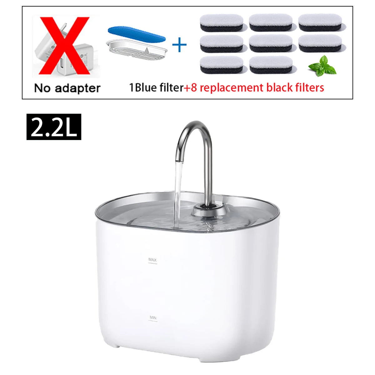 Fontaine à eau pour chat, fontaine à eau pour animaux de compagnie pour chats à l'intérieur, 1 filtre, pompe ultra-silencieuse, fontaine à eau pour chien et animal de compagnie de 2,2 L/73 oz