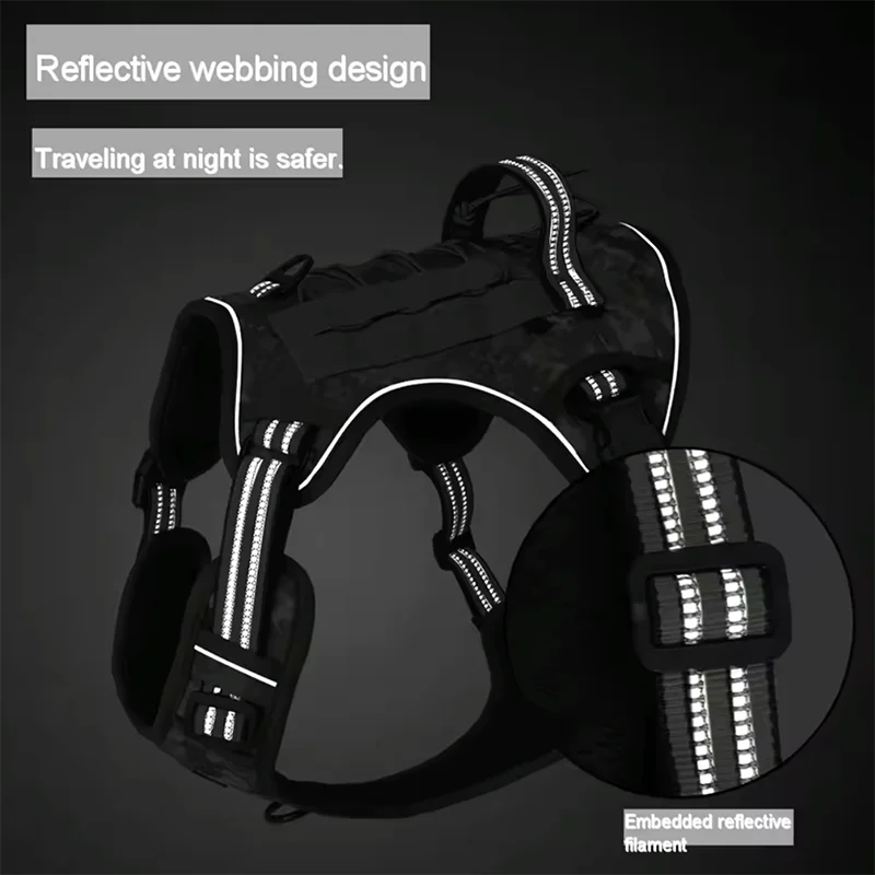 Harnais réfléchissant pour chien, entraînement tactique, anti-traction, gilet pour chien de taille moyenne et grande, laisse de sécurité réglable, harnais militaire pour animaux de compagnie