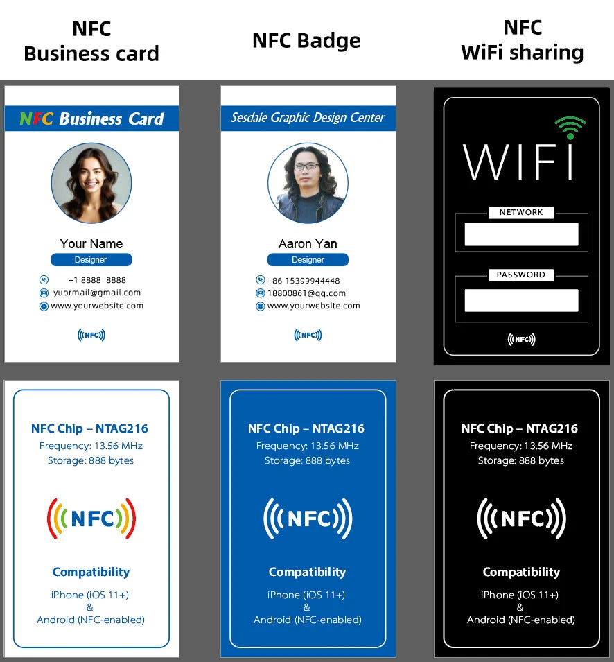 Cartes de visite NFC personnalisées Badge intelligent Étiquettes NFC Carte de visite électronique, matériau PVC imperméable et durable
