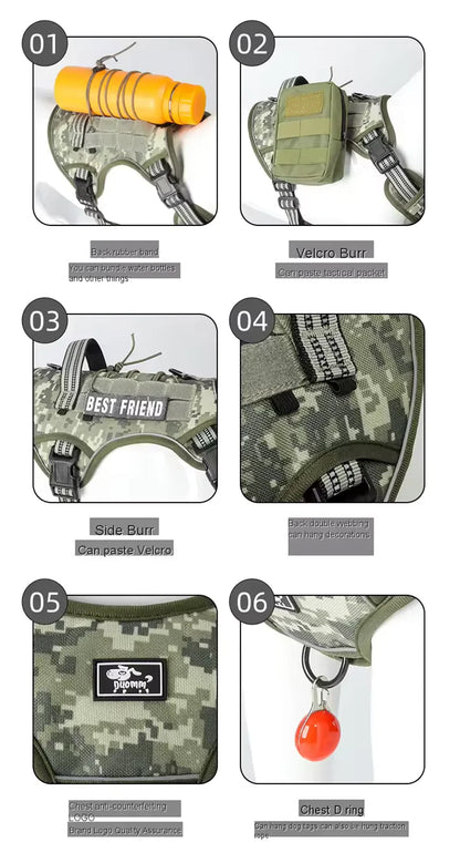 Harnais réfléchissant pour chien, entraînement tactique, anti-traction, gilet pour chien de taille moyenne et grande, laisse de sécurité réglable, harnais militaire pour animaux de compagnie