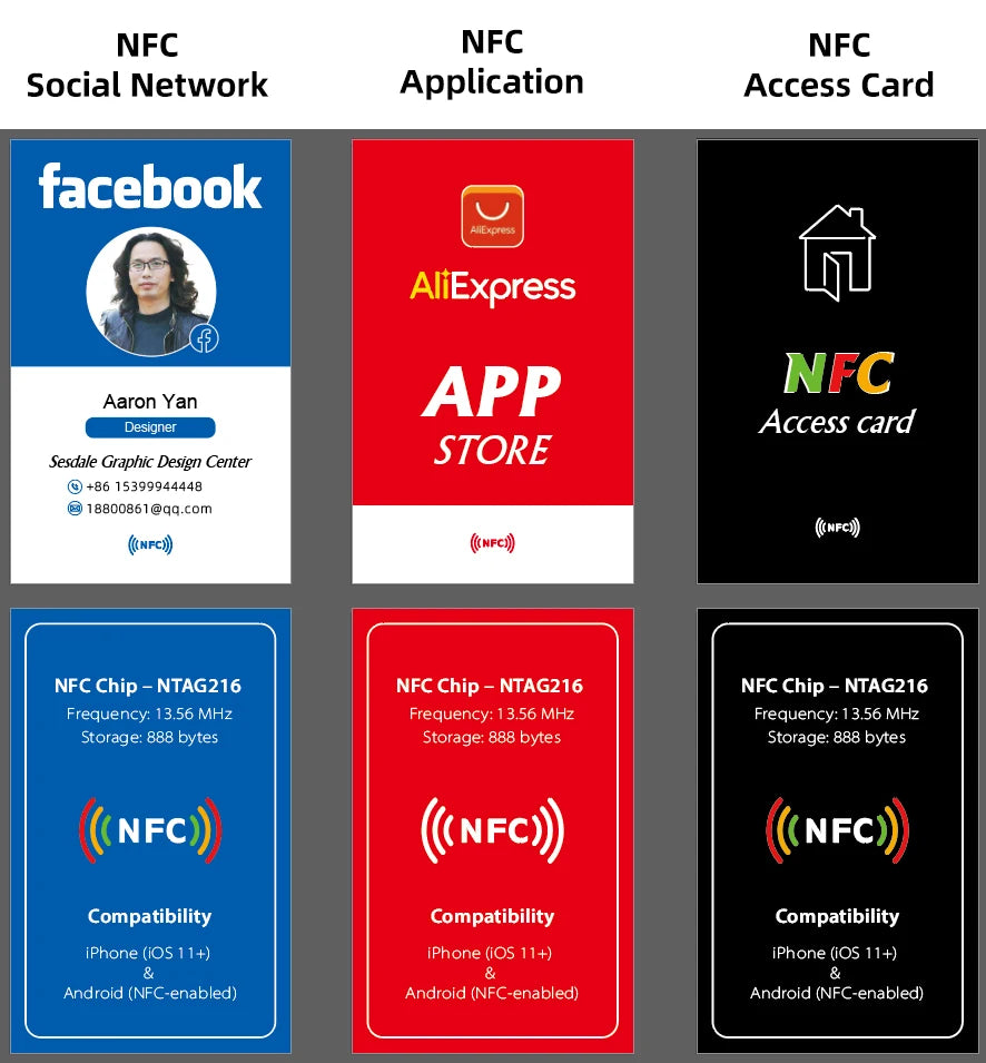 Cartes de visite NFC personnalisées Badge intelligent Étiquettes NFC Carte de visite électronique, matériau PVC imperméable et durable