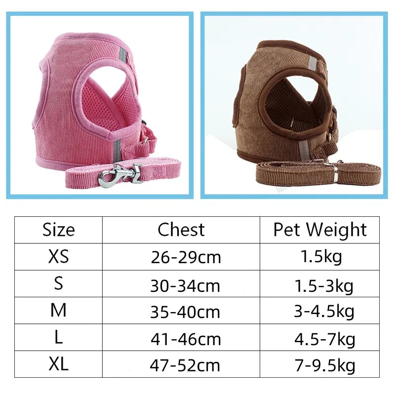 Ensemble gilet et laisse réfléchissants pour chien, coupe-vent, en velours côtelé, sangle de poitrine réglable, harnais en maille respirante pour chiens
