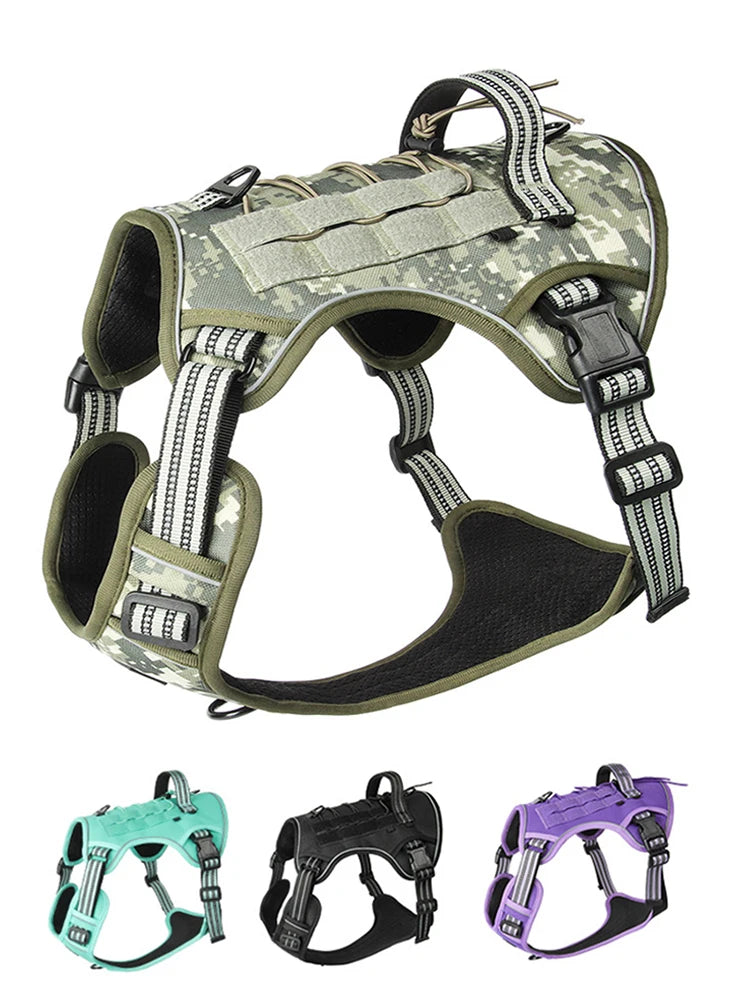 Harnais réfléchissant pour chien, entraînement tactique, anti-traction, gilet pour chien de taille moyenne et grande, laisse de sécurité réglable, harnais militaire pour animaux de compagnie