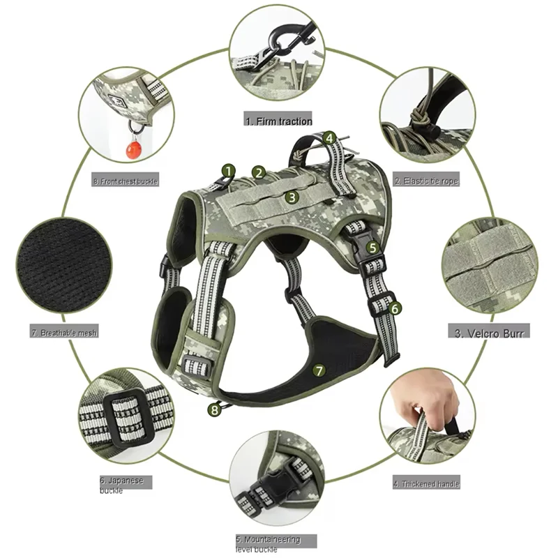 Harnais réfléchissant pour chien, entraînement tactique, anti-traction, gilet pour chien de taille moyenne et grande, laisse de sécurité réglable, harnais militaire pour animaux de compagnie
