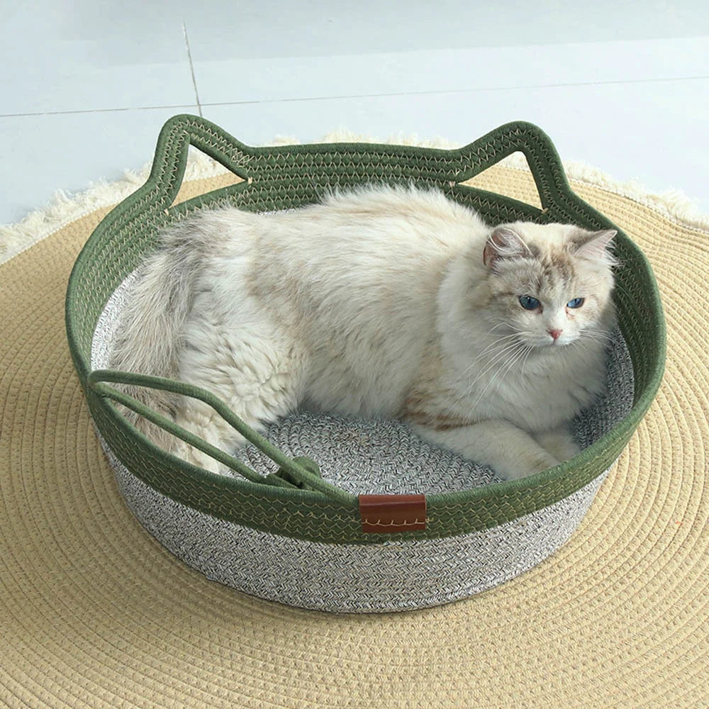 Nid pour chat tissé en pain cuit à la vapeur en forme d'oreille de chat, joli coussin pour chat en corde de coton, lit universel quatre saisons pour animaux de compagnie